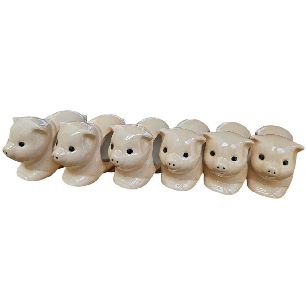 6 Little Piggies Napkin Rings Vintage Crazing Peach color Ceramic 3x2" 1.5# -51